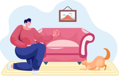 Kedili kız evde dinleniyor. Kadın kedisini çörekle besliyor. Evdeki eğitim hayvanı.