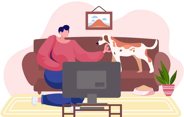 Flickan med hunden vilar hemma. Kvinna matar sitt husdjur med munk i lägenheten — Stock vektor