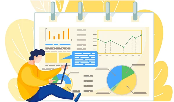 Empresário sentado perto relatório com gráficos e gráficos. Oficina de líderes de alto-falante explica estatísticas — Vetor de Stock