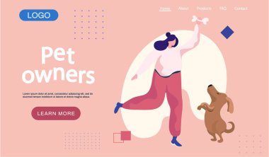 Hayvan sahipleri iniş sayfası şablonu. Mutlu kadın evcil hayvanla oynuyor, komik kız bir köpek yavrusunu eğitiyor.