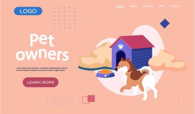 Köpek kulübesinin yanında şirin bir köpek ve bir kase yiyecek. Evcil hayvan sahipleri yazılar, pembe arkaplanda resimler