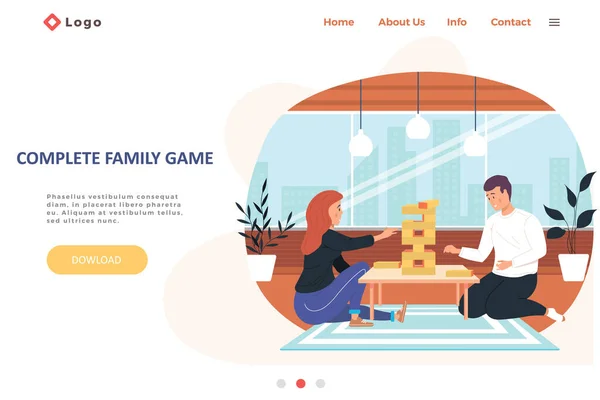 Completa modello di pagina di atterraggio gioco di famiglia con famiglia felice o amici che giocano a jenga gioco a casa — Vettoriale Stock