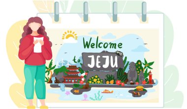 Kadın turist seyahate çıkıyor, Güney Kore adası Jeju 'ya seyahat afişine bakıyor.