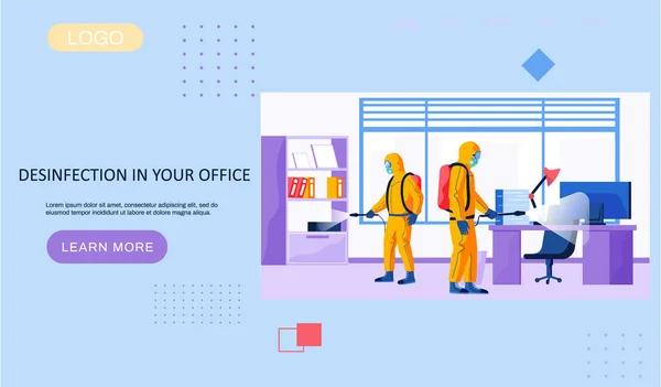 Disinfezione nel modello di pagina di destinazione dell'ufficio con un uomo in tuta protettiva con una pistola a spruzzo — Vettoriale Stock