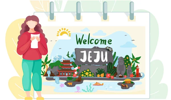 Woman tourist is going on a trip, looking at the banner for travel to the south korean island Jeju — Stock Vector