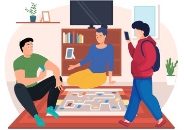 Bir çift yerde masa oyunuyla oturuyor. Adam telefon ekranına bakıyor.