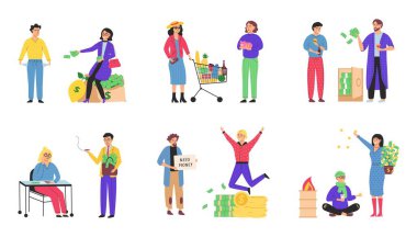 Finansal zenginlik ve yoksulluk. Başarılı, mutlu, zengin ve mutsuz insanlar. Fakir erkek ya da kadın biriktirmek, harcamak, harcamak, para harcamak.