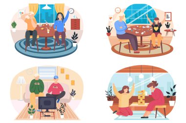 Aile farklı masa ve bilgisayar oyunlarıyla zaman geçirir. Bütün çocuklar eğlenceli ve mutludur.