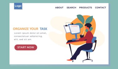 İniş sayfası şablonunu düzenle, iş kadını dizüstü bilgisayarla masada oturuyor ve planlama yapıyor.