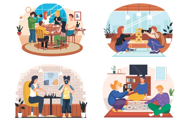 Dairedeki fotoğraf seanslarının temasıyla ilgili bir dizi çizim. Masa oyunları oynayan insanlar