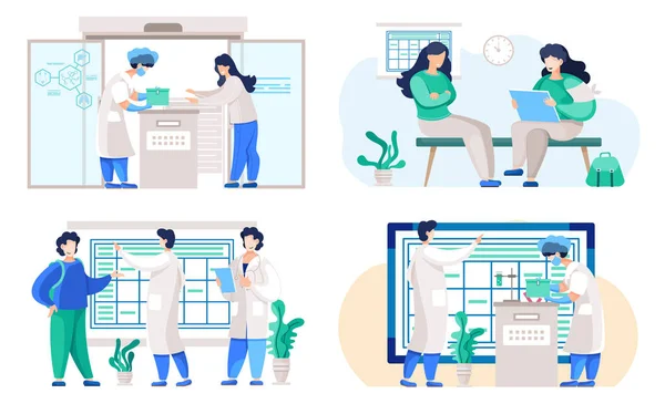 Conjunto de ilustrações sobre o tema do planejamento de um dia de trabalho no laboratório. As pessoas se comunicam e trabalham — Vetor de Stock