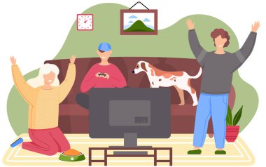 Erkekler av tüfekleriyle oturur ve oynarlar. Aile evde vakit geçirmektir. Köpek kanepede.