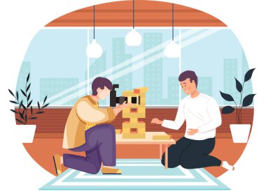 Adam masadaki Jenga Kulesi ile eğleniyor. Fotoğrafçı oynayan adamın fotoğraflarını çeker.