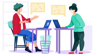 Kırmızı kazaklı bir kız yeşil pantolonlu bir kadınla iletişim kuruyor. İnsanlar dizüstü bilgisayarda oturup konuşuyorlar.