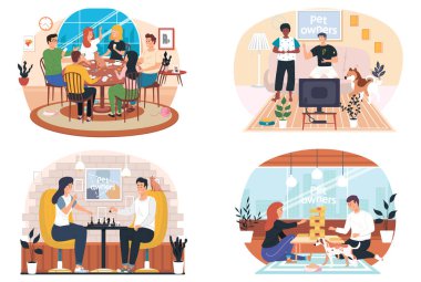 Arkadaşlar birlikte masa oyunu oynuyorlar. Evcil hayvan sahipleri, aileler evlerinde hayvanlarıyla vakit geçirirler.