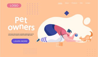Hayvan sahipleri iniş sayfası şablonu. Mutlu bir kadın top oynayan bir kediyle yerde oturuyor.