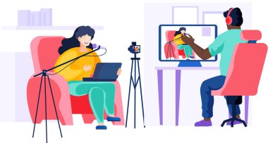 Kayıt stüdyosunda çalışıyorum. Operatör mikrofonlu genç bir bayanla görüşmeyi kaydediyor.