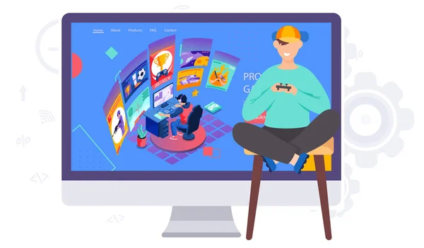 A teenager with a gamepad in his hands participates in an online tournament in a video game — Stock Vector