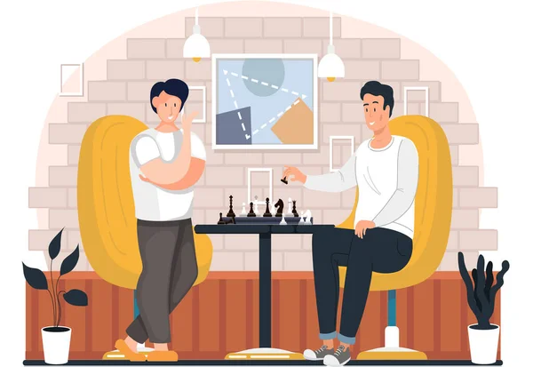Группа людей играет в шахматы дома. Молодые парни общаются и проводят время вместе — стоковый вектор