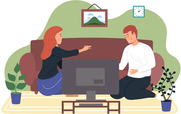 Пара сидит дома и смотрит телевизор. Молодые люди общаются и проводят время вместе — стоковый вектор
