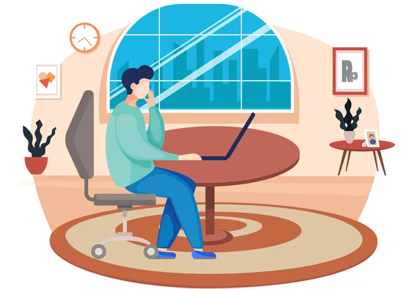 A man freelancer is working on the computer at home. Communicating process or online meeting — Stock Vector