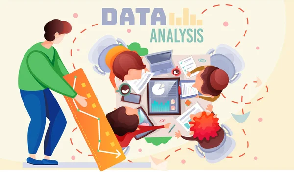 Lavoro di squadra sull'analisi dei dati. Un team di analisti tiene una riunione e sviluppa una strategia di marketing — Vettoriale Stock