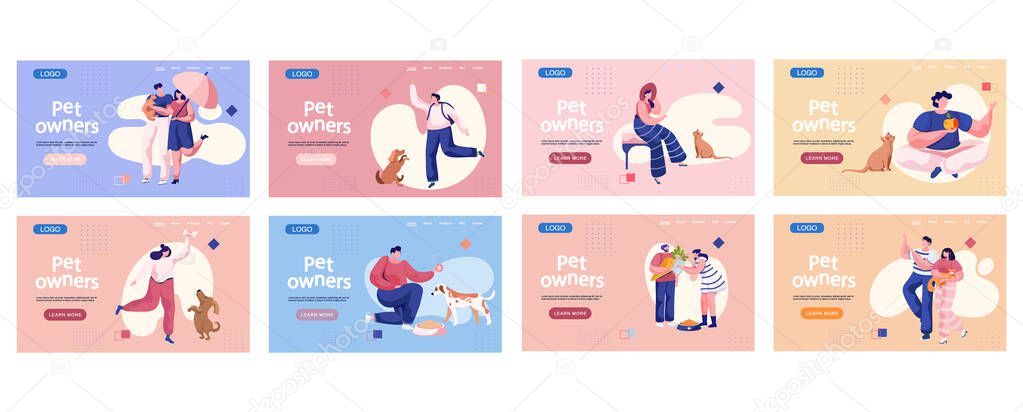 Pet owners landing page template. Happy people playing with their domestic animals scenes set