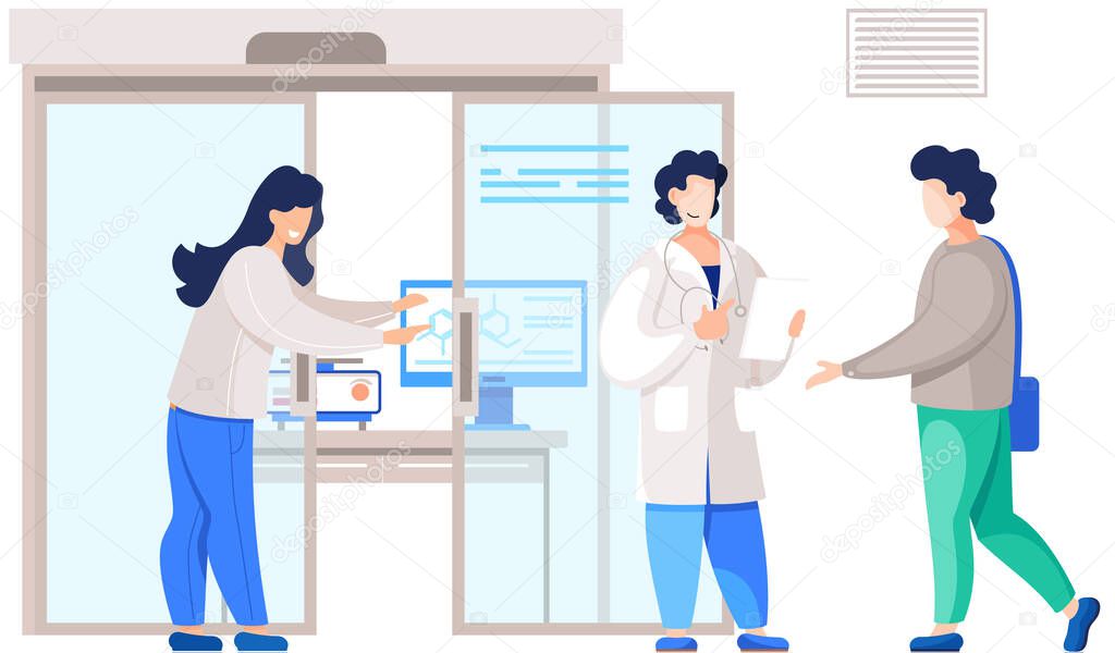 Man in white coat stands with a sheet of paper. Guy consults with scientist. Girl points to monitor