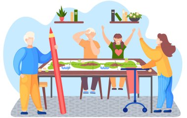 Mutlu aile evde entelektüel bir oyun oynuyor. Aileler ve çocuklar aynı masada.