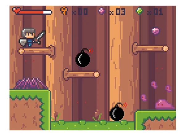 Styl sztuki Pixel, postać w grze zręcznościowej. Człowiek z ostrym mieczem walczący w lesie — Wektor stockowy