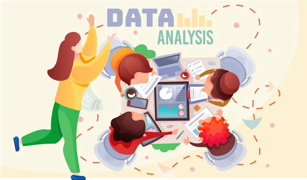 Teamarbeit bei der Datenanalyse. Ein Team von Analysten sitzt an einem Tisch und entwickelt eine Marketingstrategie — Stockvektor