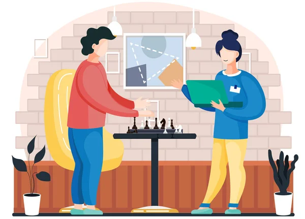 Par spelar schack hemma, vänlig familj tillsammans mysig vardagsrum atmosfär på kvällen — Stock vektor