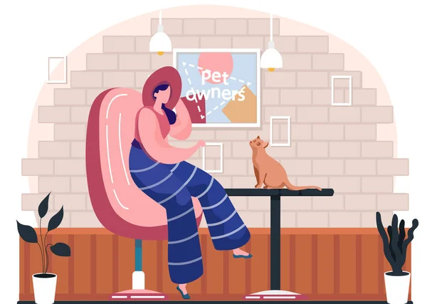 Owner of the cat resting in the cafe. Woman with hat playing with kitten. Pet sitting on the table — Stock Vector