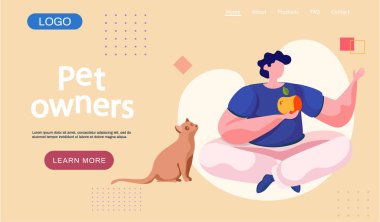 Hayvan sahipleri iniş sayfası şablonu. Genç bir adamın yanında bir kedi, elinde elmayla lotus pozisyonunda oturuyor.