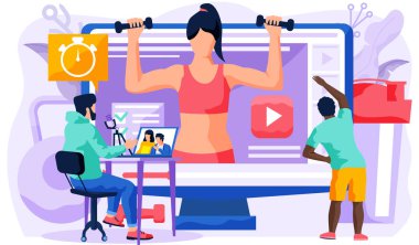Adam, kız çalıştırıcının arkasında bilgisayar monitöründe egzersiz yapıyor. Mikrofonlu adam video izliyor.