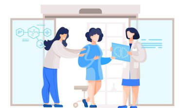 Kız akciğerlerin yapısını tutuyor ve bunu gösteriyor. Kadınlar bir resme bakar ve işaret eder.