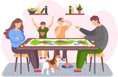 Mutlu aile birlikte masa oyunu oynuyor. Köpek yavrusu masanın altında yürüyor. Evdeki karakterler