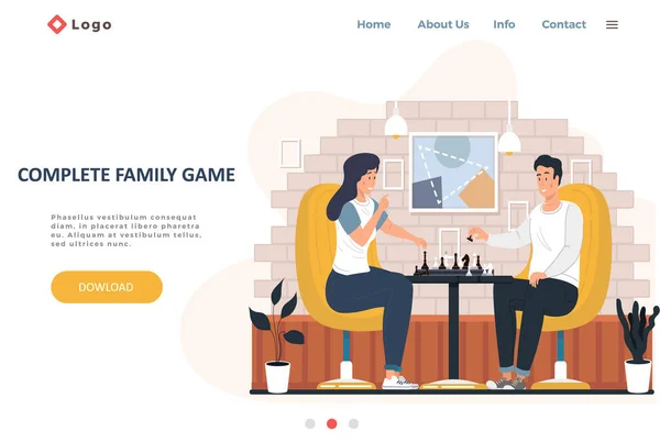 Modello completo di pagina di atterraggio del gioco di famiglia con famiglia felice o amici che giocano a scacchi a casa — Vettoriale Stock