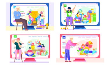 Çevrimiçi öğrenme ve veri analizi uygulamasındaki çizimler. İnsanlar sunumu izliyor