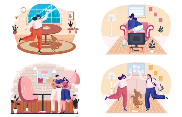 Les gens passent du temps avec un chat et un chien à la maison. Femme active jouant avec un ami joyeux chien mignon — Image vectorielle