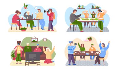 Aile fotoğraflarıyla ilgili bir dizi çizim. Adam masa oyunu oynayan insanların fotoğraflarını çekiyor.