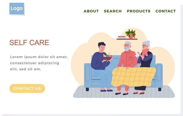 Diseño de página web de Internet. Concepto de autocuidado. Hombre dando fruta fresca a parientes ancianos — Archivo Imágenes Vectoriales