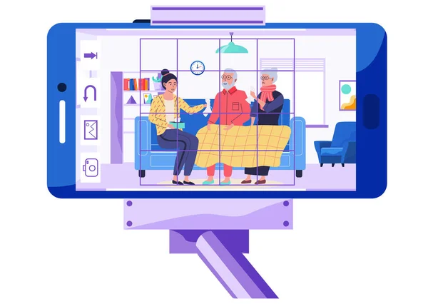 Mobiltelefon med foto av sjuka människor på självisolering. Kvinna som hjälper äldre par att läka — Stock vektor