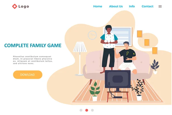 Modello completo di pagina di atterraggio del gioco di famiglia con la famiglia felice o gli amici che giocano ai videogiochi — Vettoriale Stock