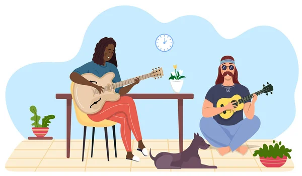 Personagem feminina usa guitarra. Bardo macho com ukulele. Músicos estão tocando cordas no instrumento — Vetor de Stock