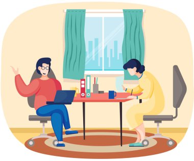 Kadınlar iş yerinde iletişim kurar. Sorunların iş akışı tartışması. Kadın karakter danışmanlığı