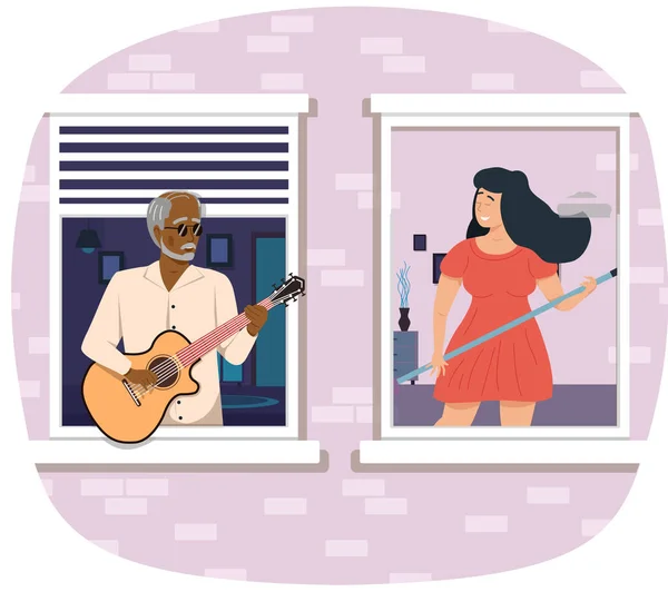 Site com o homem idoso na moda canta com mulher em dueto. Pessoas na varanda estão tocando guitarra — Vetor de Stock