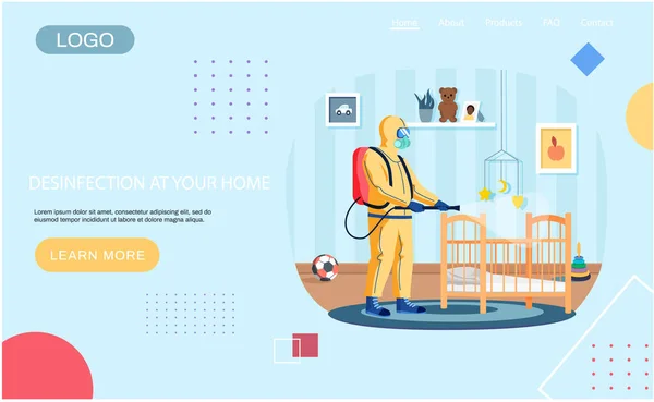 在您的家庭登陆页面上使用卫生工作者对儿童房间进行消毒 — 图库矢量图片