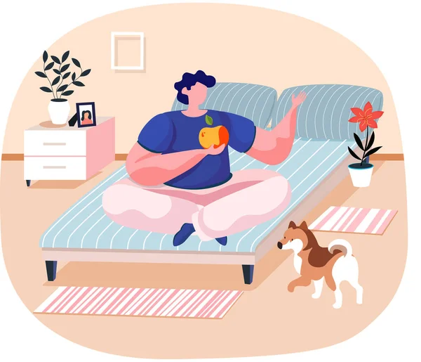Propriétaire d'animal jeune homme assis sur le lit dans la chambre à coucher sur la position du lotus tenant une pomme avec chien mignon — Image vectorielle
