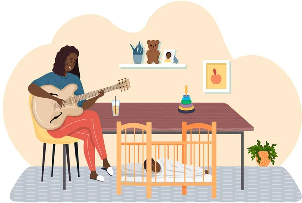 Afroameričanka hrající na kytaru. Máma zpívá ukolébavka na dítě v noci a pomáhá mu spát — Stockový vektor